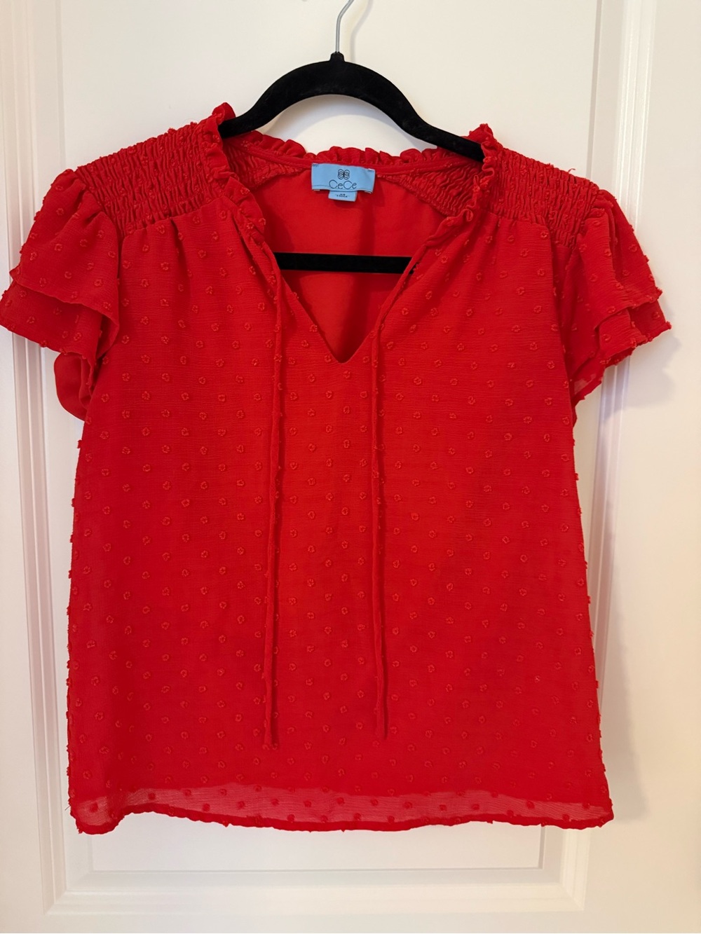 CeCe XS Red Flutter Sleeve Tie Neck Shirt